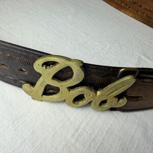 BOB Belt Buckle Brass Leather Belt Men's Size 36 Gabco Made in Hong Kong Vintage